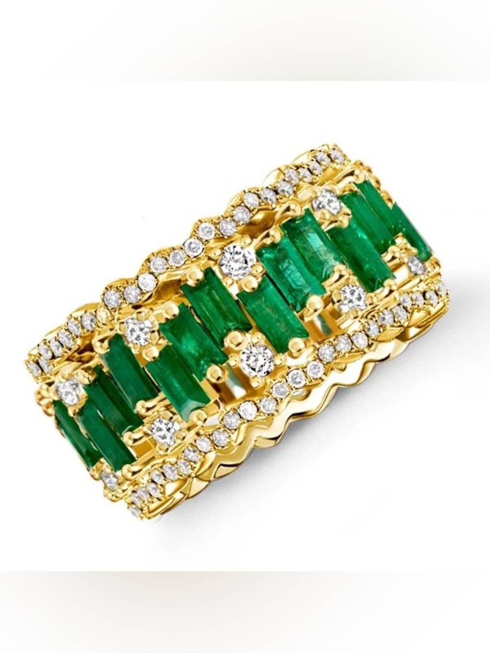 Italo Golden Triple Row Baguette Cut Emerald Wedding Band - Picture 2 of 8